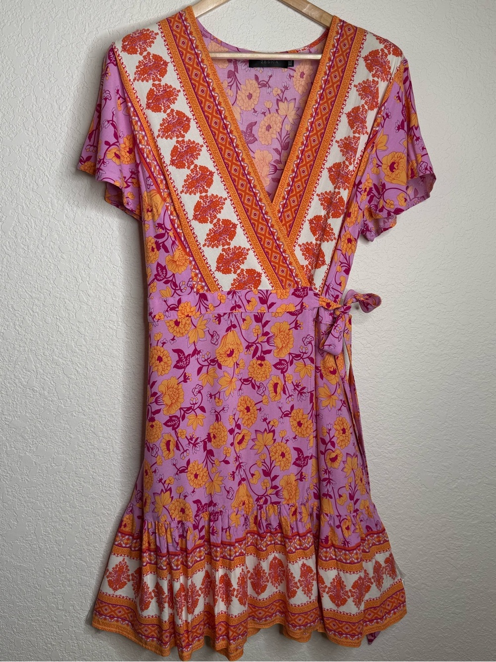 Zesica Wrap Dress Purple Floral Boho V Neck Ruffle Hem Vacation Sz XXL